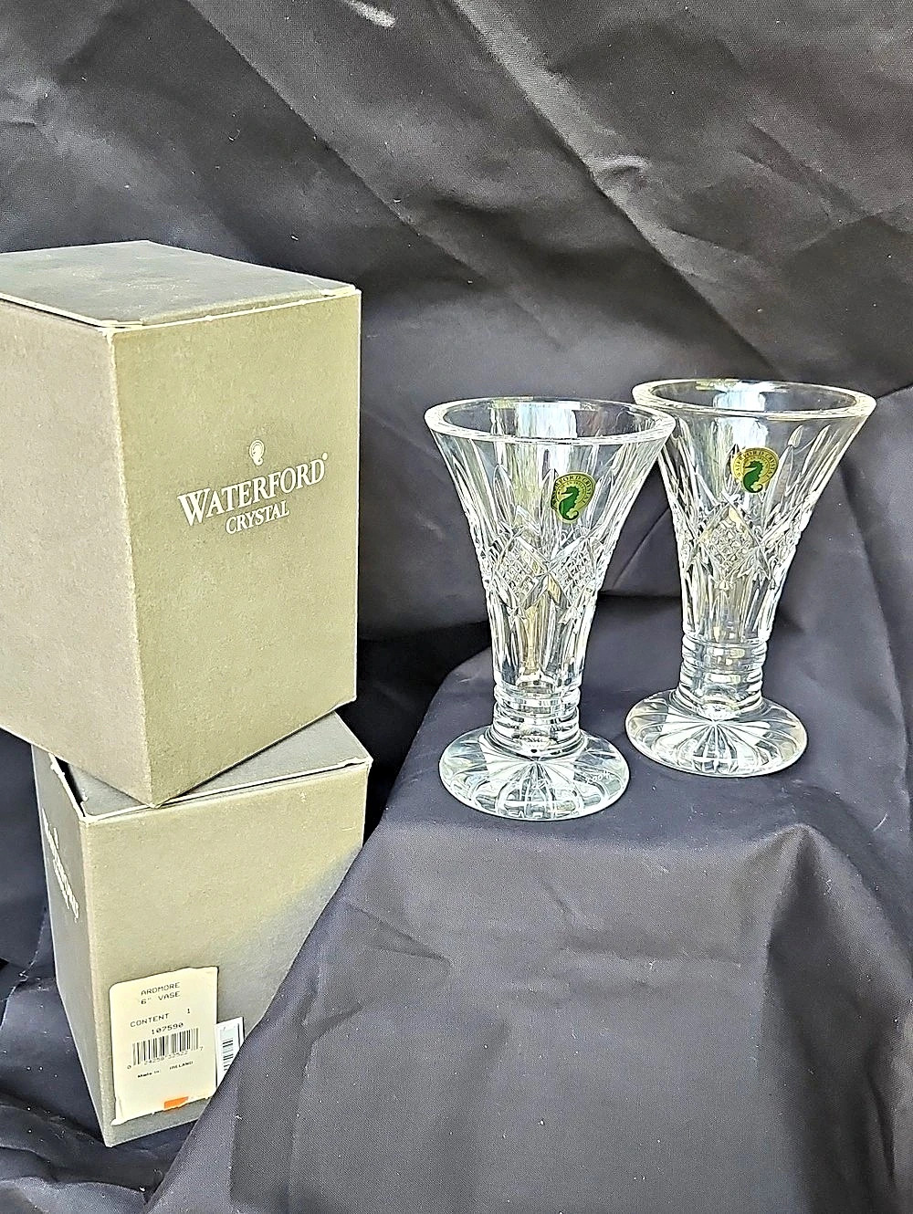 Vintage, Master Cutter Signed Waterford Lismore Crystal Vase Set NWT